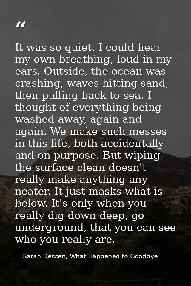 It was so quiet, I could hear my own breathing, loud in my ears. Outside, the ocean was crashing, waves hitting sand, th — Sarah Dessen, What Happened to Goodbye