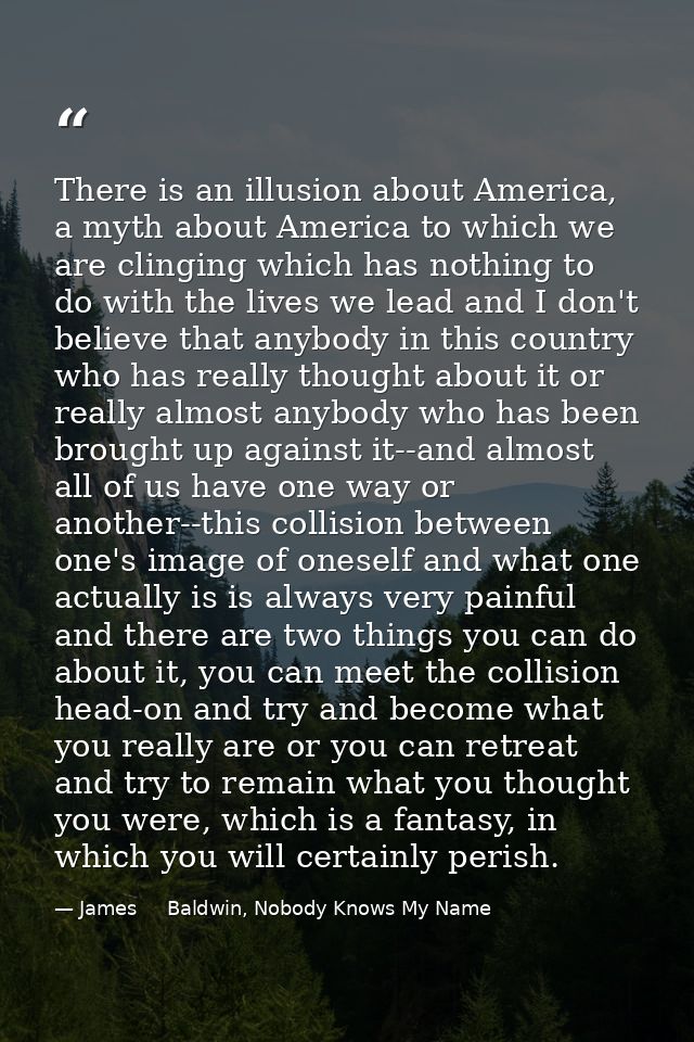 There is an illusion about America, a myth about America to which we are clinging which has nothing to do with the lives — James     Baldwin, Nobody Knows My Name