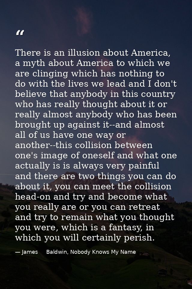 There is an illusion about America, a myth about America to which we are clinging which has nothing to do with the lives — James     Baldwin, Nobody Knows My Name