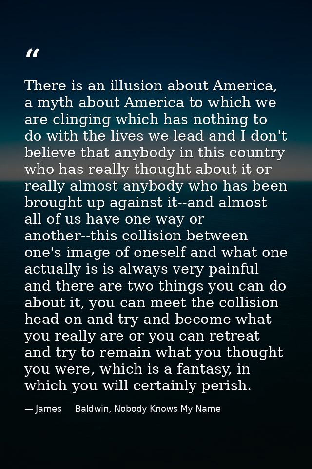 There is an illusion about America, a myth about America to which we are clinging which has nothing to do with the lives — James     Baldwin, Nobody Knows My Name