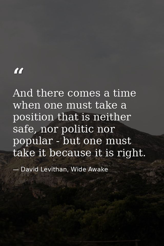 And there comes a time when one must take a position that is neither safe, nor politic nor popular - but one must take i — David Levithan, Wide Awake