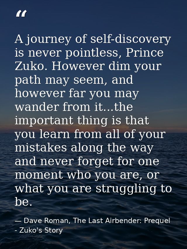 A journey of self-discovery is never pointless, Prince Zuko. However dim your path may seem, and however far you may wan — Dave Roman, The Last Airbender: Prequel - Zuko's Story