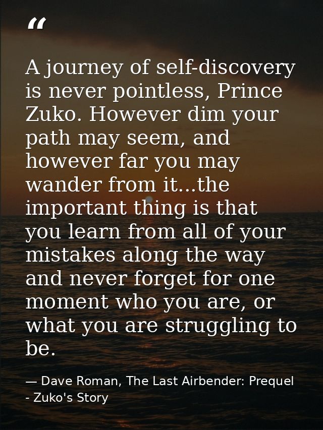 A journey of self-discovery is never pointless, Prince Zuko. However dim your path may seem, and however far you may wan — Dave Roman, The Last Airbender: Prequel - Zuko's Story