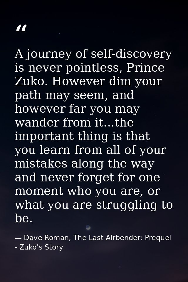 A journey of self-discovery is never pointless, Prince Zuko. However dim your path may seem, and however far you may wan — Dave Roman, The Last Airbender: Prequel - Zuko's Story
