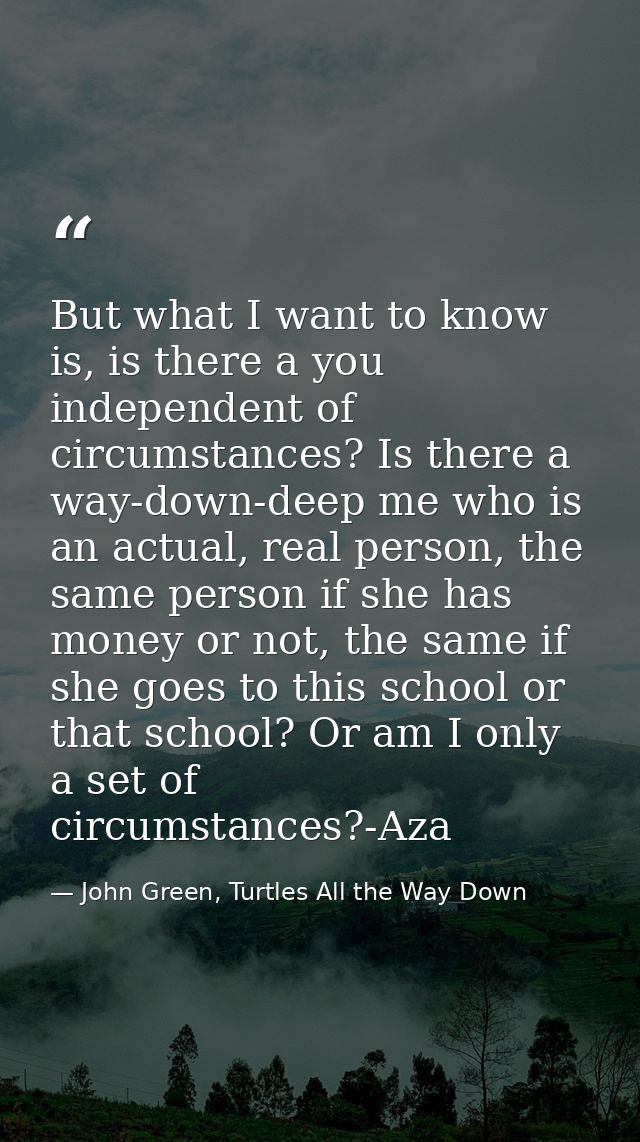 But what I want to know is, is there a you independent of circumstances? Is there a way-down-deep me who is an actual, r — John Green, Turtles All the Way Down