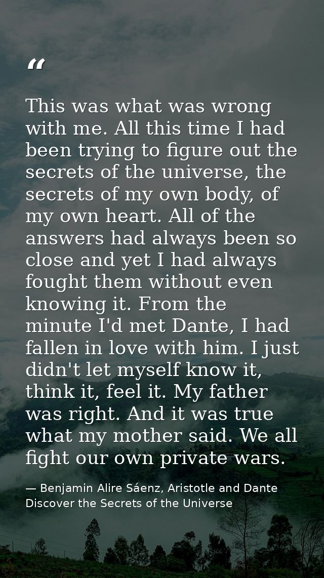 This was what was wrong with me. All this time I had been trying to figure out the secrets of the universe, the secrets  — Benjamin Alire Sáenz, Aristotle and Dante Discover the Secrets of the Universe