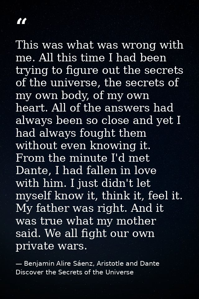 This was what was wrong with me. All this time I had been trying to figure out the secrets of the universe, the secrets  — Benjamin Alire Sáenz, Aristotle and Dante Discover the Secrets of the Universe