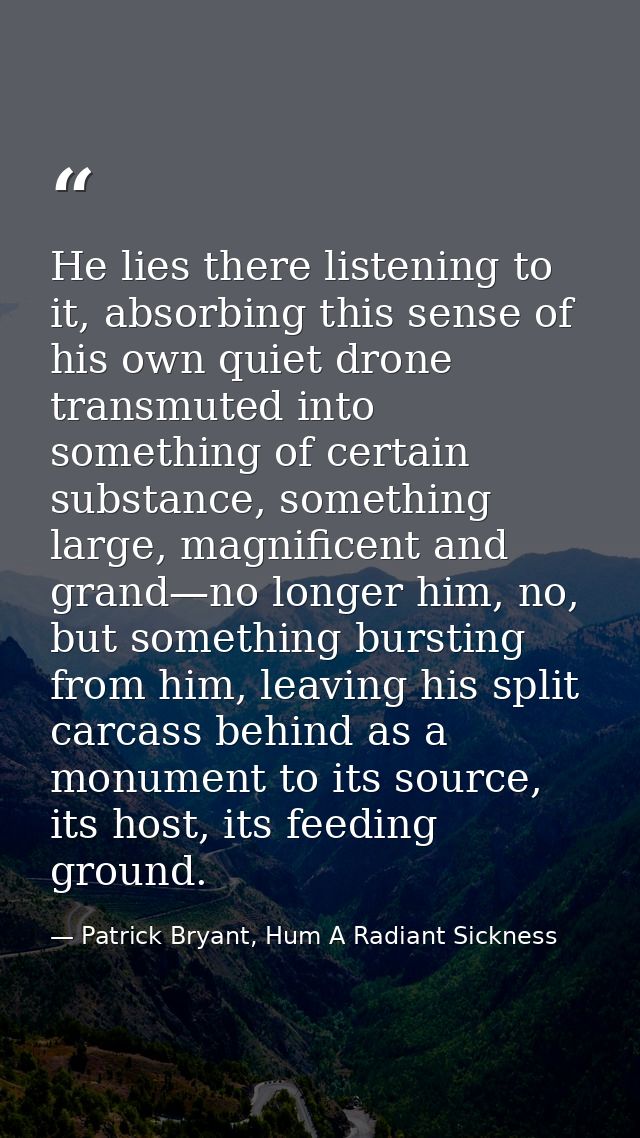 He lies there listening to it, absorbing this sense of his own quiet drone transmuted into something of certain substanc — Patrick Bryant, Hum A Radiant Sickness