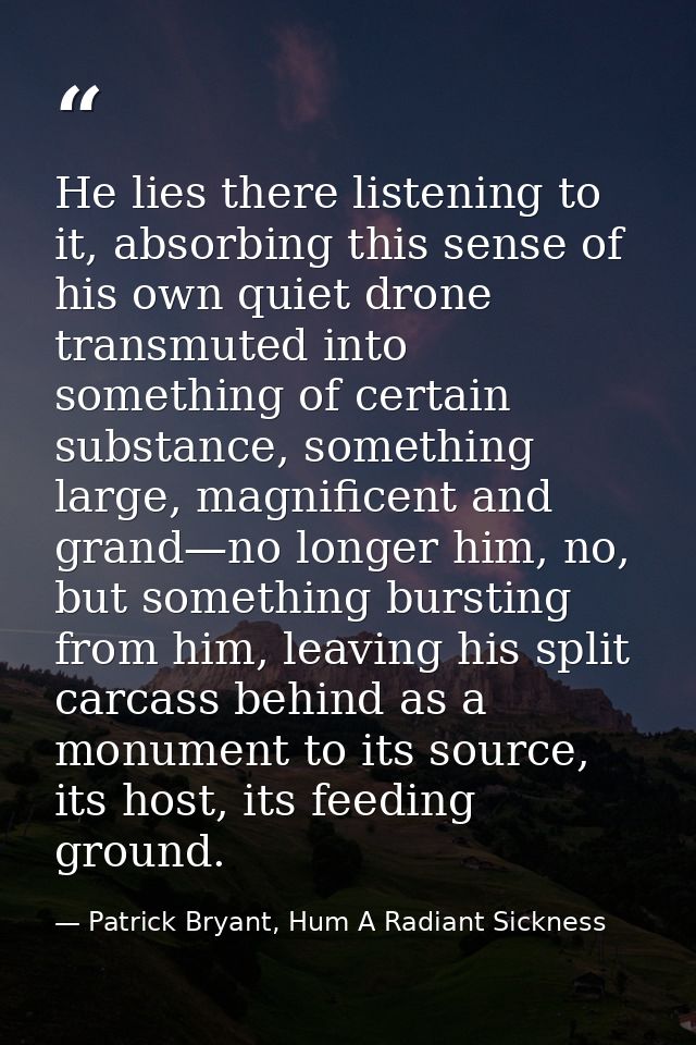 He lies there listening to it, absorbing this sense of his own quiet drone transmuted into something of certain substanc — Patrick Bryant, Hum A Radiant Sickness