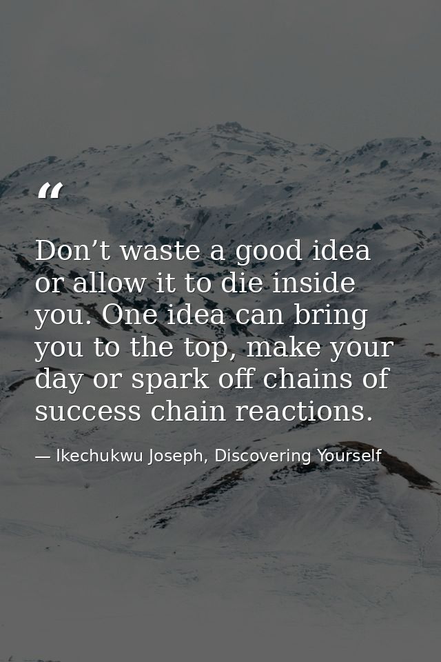 Don’t waste a good idea or allow it to die inside you. One idea can bring you to the top, make your day or spark off cha — Ikechukwu Joseph, Discovering Yourself