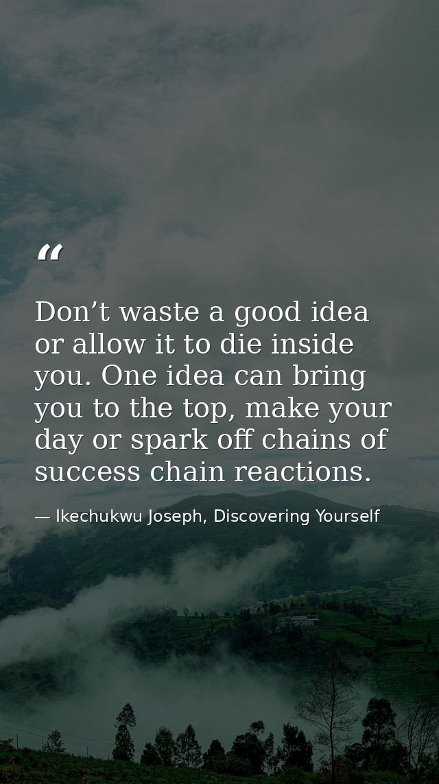Don’t waste a good idea or allow it to die inside you. One idea can bring you to the top, make your day or spark off cha — Ikechukwu Joseph, Discovering Yourself