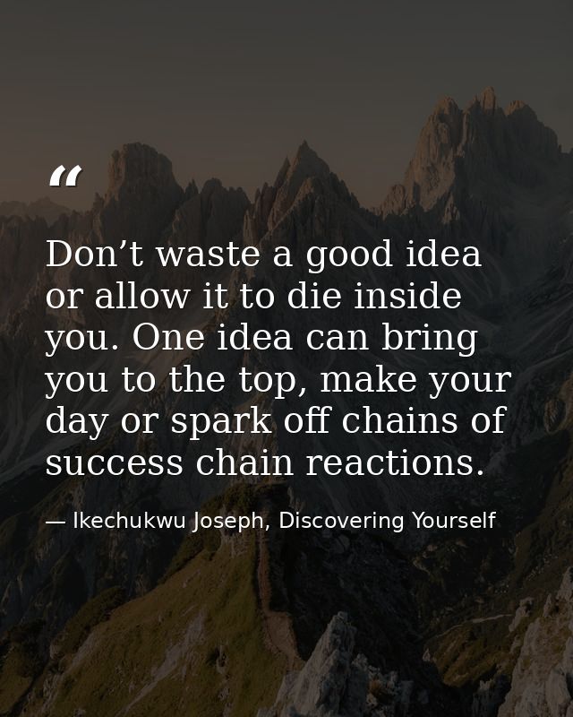 Don’t waste a good idea or allow it to die inside you. One idea can bring you to the top, make your day or spark off cha — Ikechukwu Joseph, Discovering Yourself