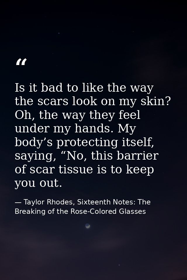 Is it bad to like the way the scars look on my skin? Oh, the way they feel under my hands. My body’s protecting itself,  — Taylor Rhodes, Sixteenth Notes: The Breaking of the Rose-Colored Glasses
