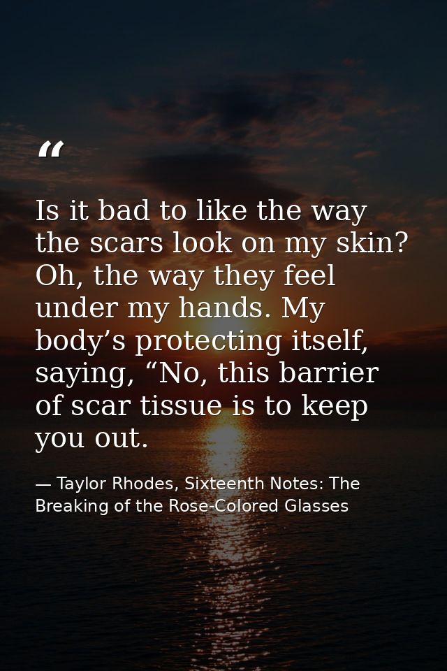 Is it bad to like the way the scars look on my skin? Oh, the way they feel under my hands. My body’s protecting itself,  — Taylor Rhodes, Sixteenth Notes: The Breaking of the Rose-Colored Glasses