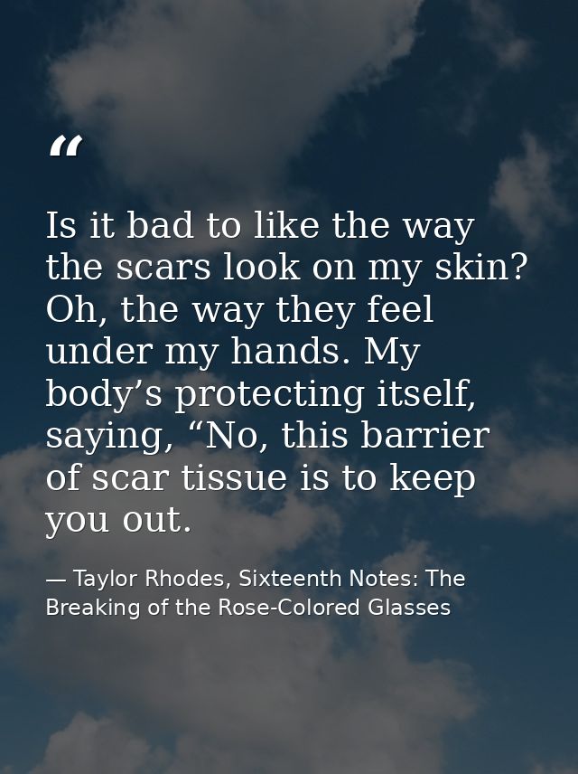 Is it bad to like the way the scars look on my skin? Oh, the way they feel under my hands. My body’s protecting itself,  — Taylor Rhodes, Sixteenth Notes: The Breaking of the Rose-Colored Glasses