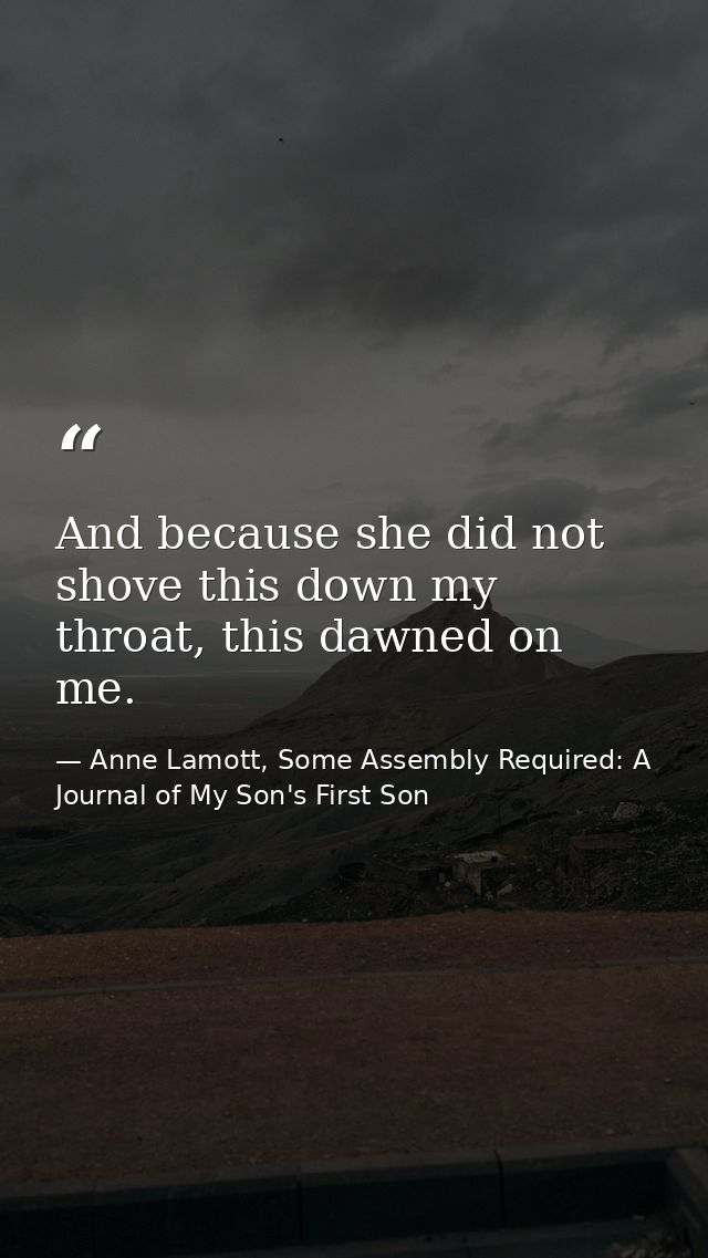And because she did not shove this down my throat, this dawned on me. — Anne Lamott, Some Assembly Required: A Journal of My Son's First Son