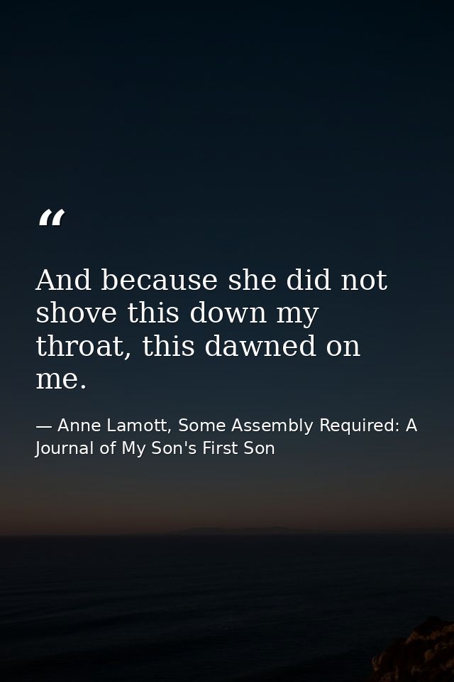 And because she did not shove this down my throat, this dawned on me. — Anne Lamott, Some Assembly Required: A Journal of My Son's First Son