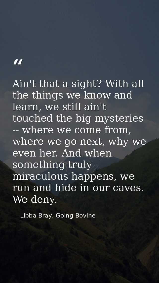 Ain't that a sight? With all the things we know and learn, we still ain't touched the big mysteries -- where we come fro — Libba Bray, Going Bovine