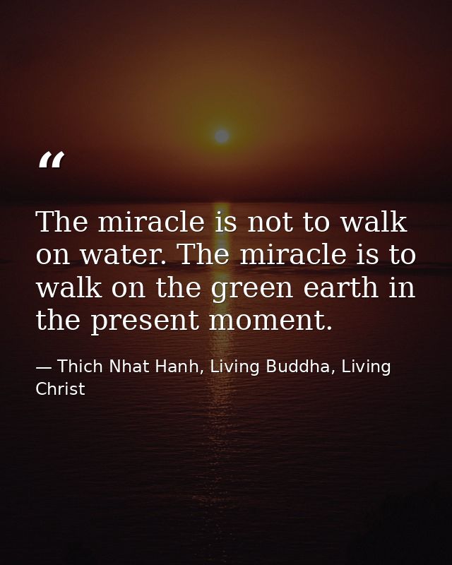 The miracle is not to walk on water. The miracle is to walk on the green earth in the present moment. — Thich Nhat Hanh, Living Buddha, Living Christ