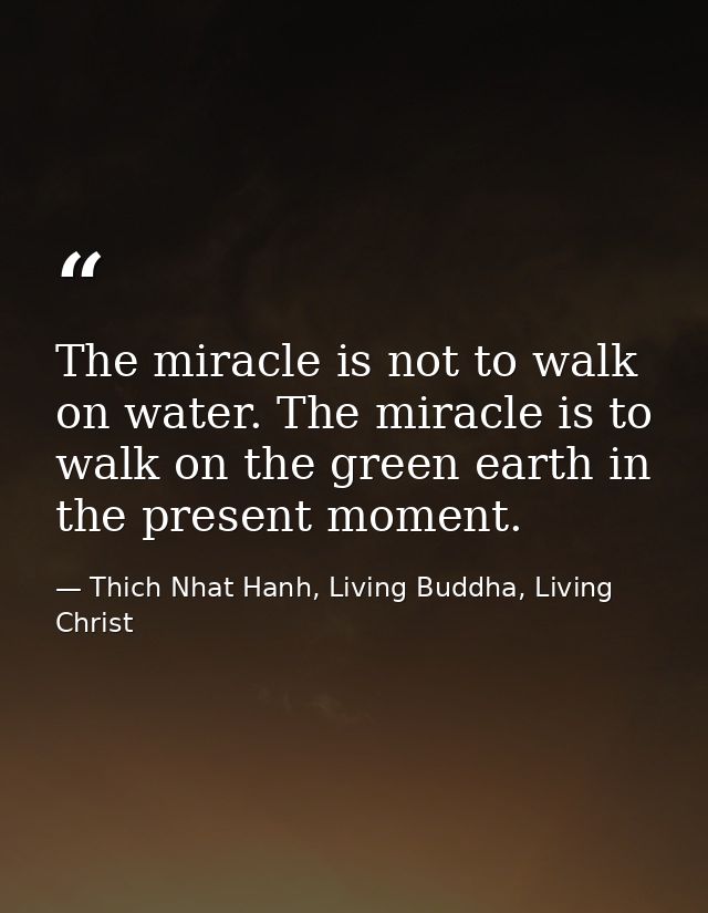 The miracle is not to walk on water. The miracle is to walk on the green earth in the present moment. — Thich Nhat Hanh, Living Buddha, Living Christ