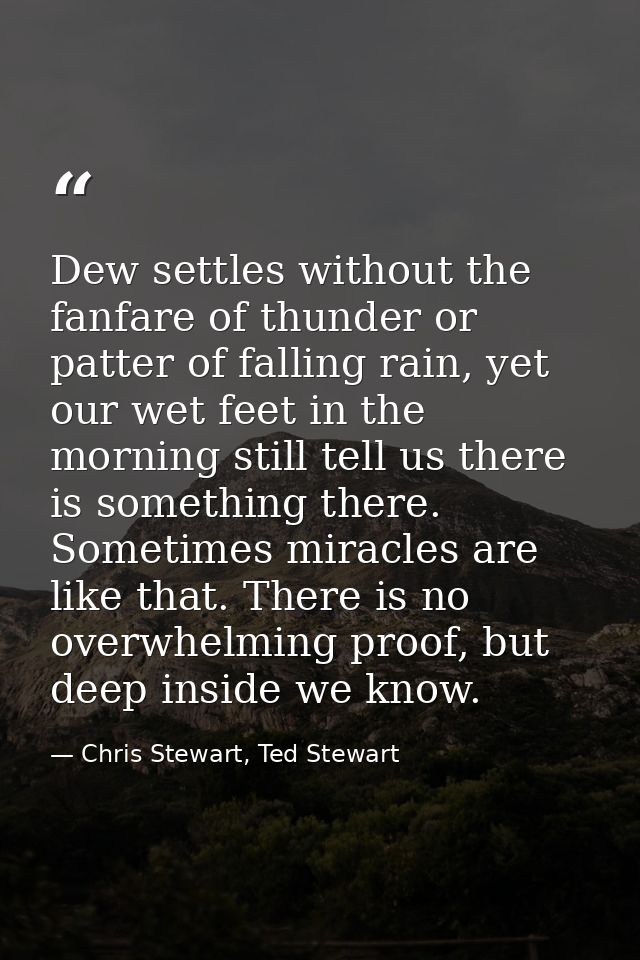 Dew settles without the fanfare of thunder or patter of falling rain, yet our wet feet in the morning still tell us ther — Chris Stewart, Ted Stewart