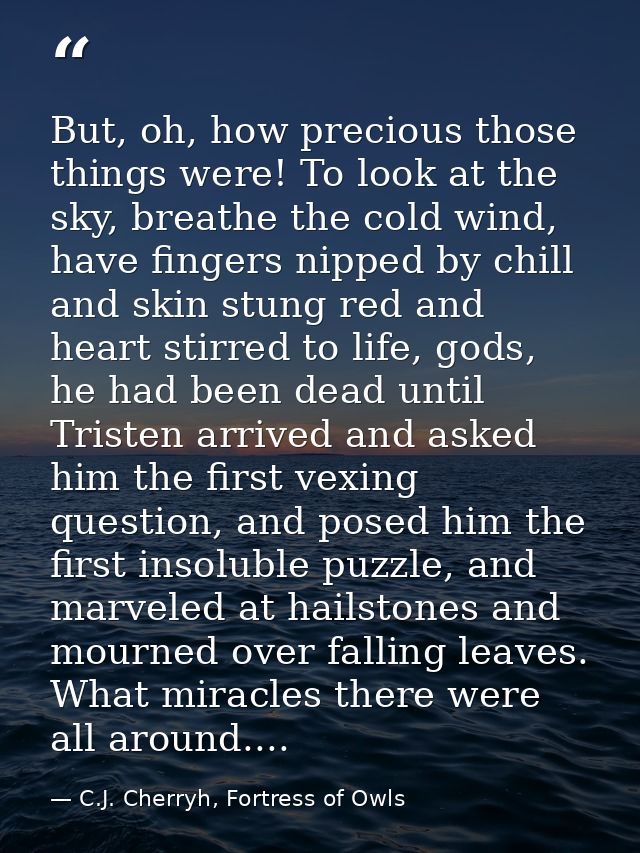But, oh, how precious those things were! To look at the sky, breathe the cold wind, have fingers nipped by chill and ski — C.J. Cherryh, Fortress of Owls
