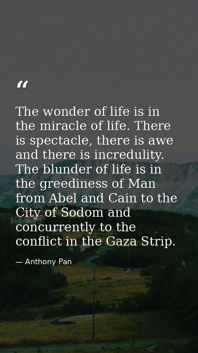 The wonder of life is in the miracle of life. There is spectacle, there is awe and there is incredulity. The blunder of  — Anthony Pan