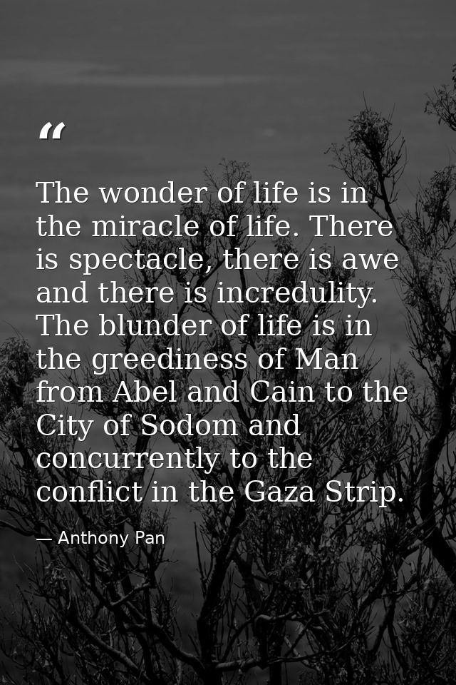 The wonder of life is in the miracle of life. There is spectacle, there is awe and there is incredulity. The blunder of  — Anthony Pan