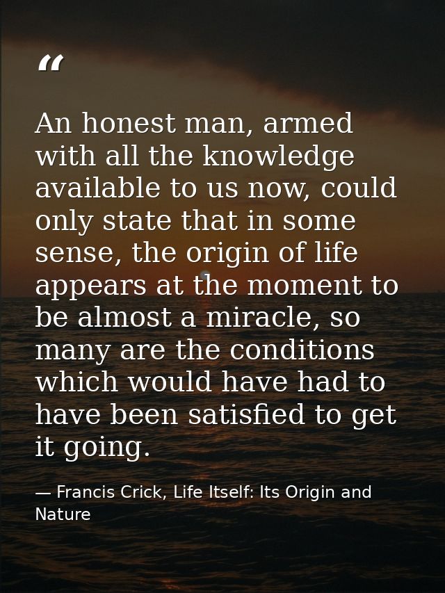 An honest man, armed with all the knowledge available to us now, could only state that in some sense, the origin of life — Francis Crick, Life Itself: Its Origin and Nature