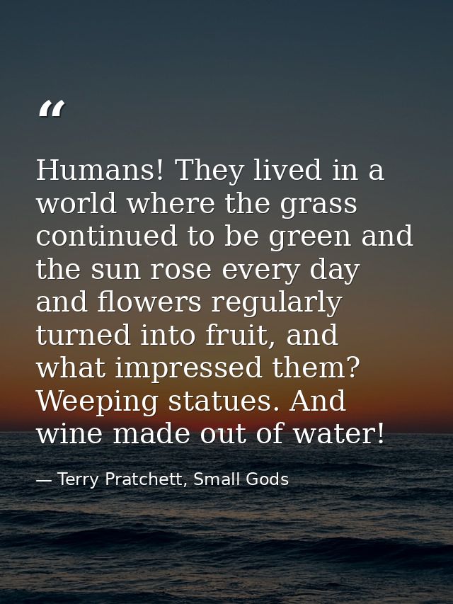 Humans! They lived in a world where the grass continued to be green and the sun rose every day and flowers regularly tur — Terry Pratchett, Small Gods