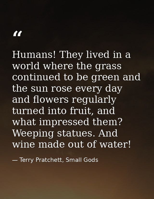 Humans! They lived in a world where the grass continued to be green and the sun rose every day and flowers regularly tur — Terry Pratchett, Small Gods