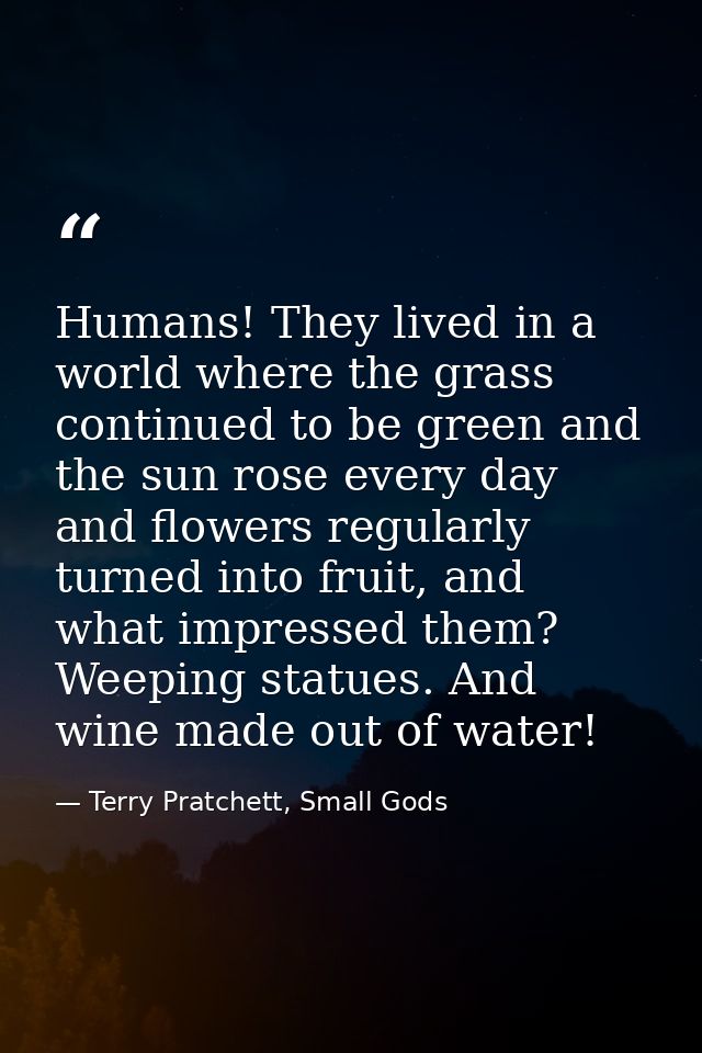 Humans! They lived in a world where the grass continued to be green and the sun rose every day and flowers regularly tur — Terry Pratchett, Small Gods
