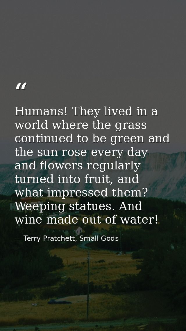 Humans! They lived in a world where the grass continued to be green and the sun rose every day and flowers regularly tur — Terry Pratchett, Small Gods