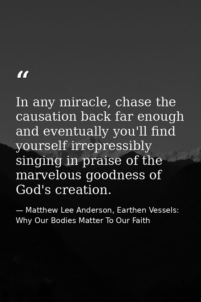 In any miracle, chase the causation back far enough and eventually you'll find yourself irrepressibly singing in praise  — Matthew Lee Anderson, Earthen Vessels: Why Our Bodies Matter To Our Faith
