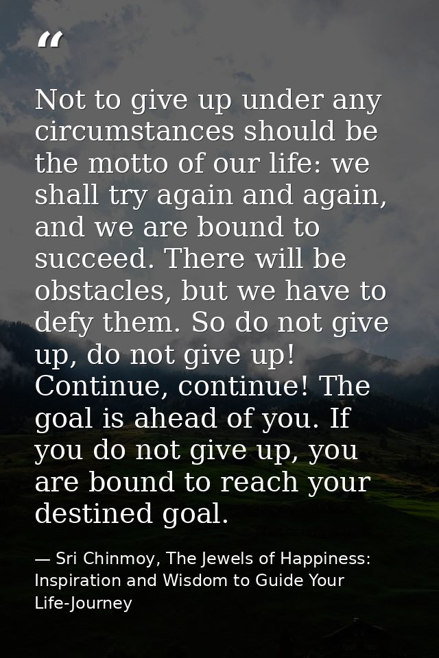 Not to give up under any circumstances should be the motto of our life: we shall try again and again, and we are bound t — Sri Chinmoy, The Jewels of Happiness: Inspiration and Wisdom to Guide Your Life-Journey