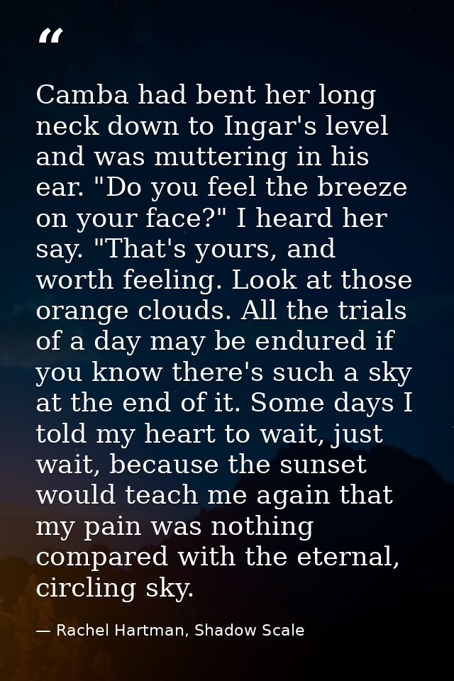 Camba had bent her long neck down to Ingar's level and was muttering in his ear. "Do you feel the breeze on your face?"  — Rachel Hartman, Shadow Scale