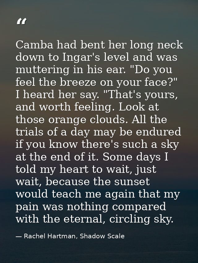 Camba had bent her long neck down to Ingar's level and was muttering in his ear. "Do you feel the breeze on your face?"  — Rachel Hartman, Shadow Scale