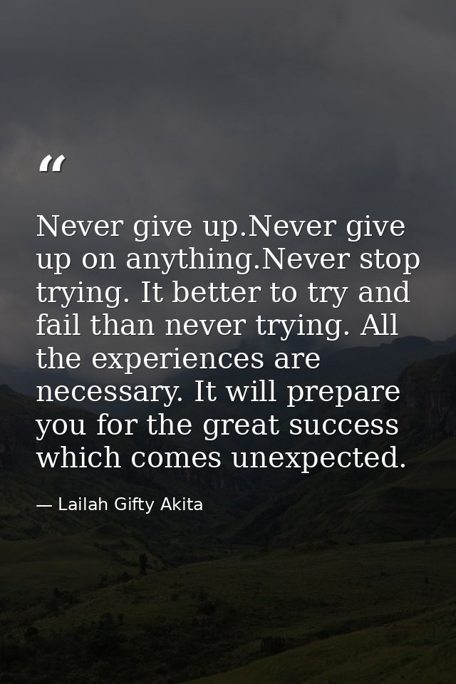 Never give up.Never give up on anything.Never stop trying. It better to try and fail than never trying. All the experien — Lailah Gifty Akita