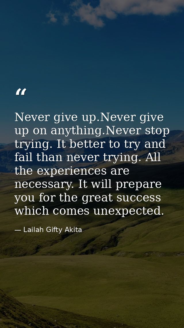 Never give up.Never give up on anything.Never stop trying. It better to try and fail than never trying. All the experien — Lailah Gifty Akita