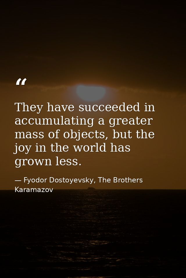 They have succeeded in accumulating a greater mass of objects, but the joy in the world has grown less. — Fyodor Dostoyevsky, The Brothers Karamazov