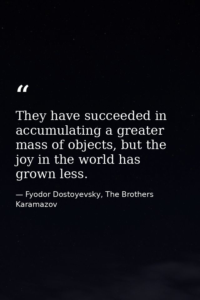 They have succeeded in accumulating a greater mass of objects, but the joy in the world has grown less. — Fyodor Dostoyevsky, The Brothers Karamazov