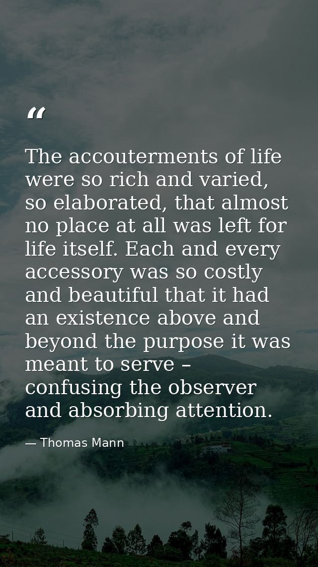 The accouterments of life were so rich and varied, so elaborated, that almost no place at all was left for life itself.  — Thomas Mann