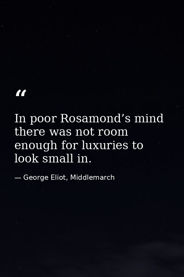 In poor Rosamond’s mind there was not room enough for luxuries to look small in. — George Eliot, Middlemarch