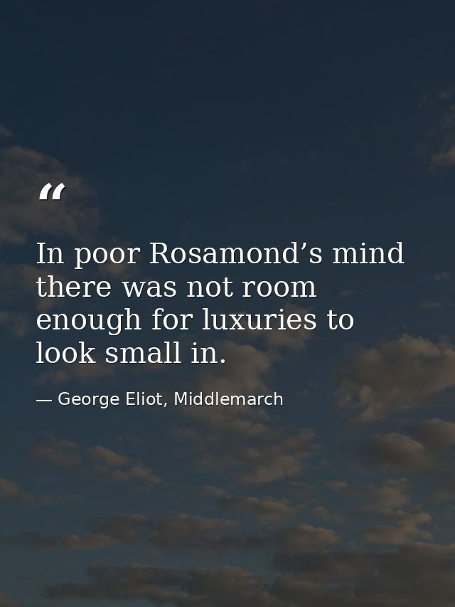 In poor Rosamond’s mind there was not room enough for luxuries to look small in. — George Eliot, Middlemarch