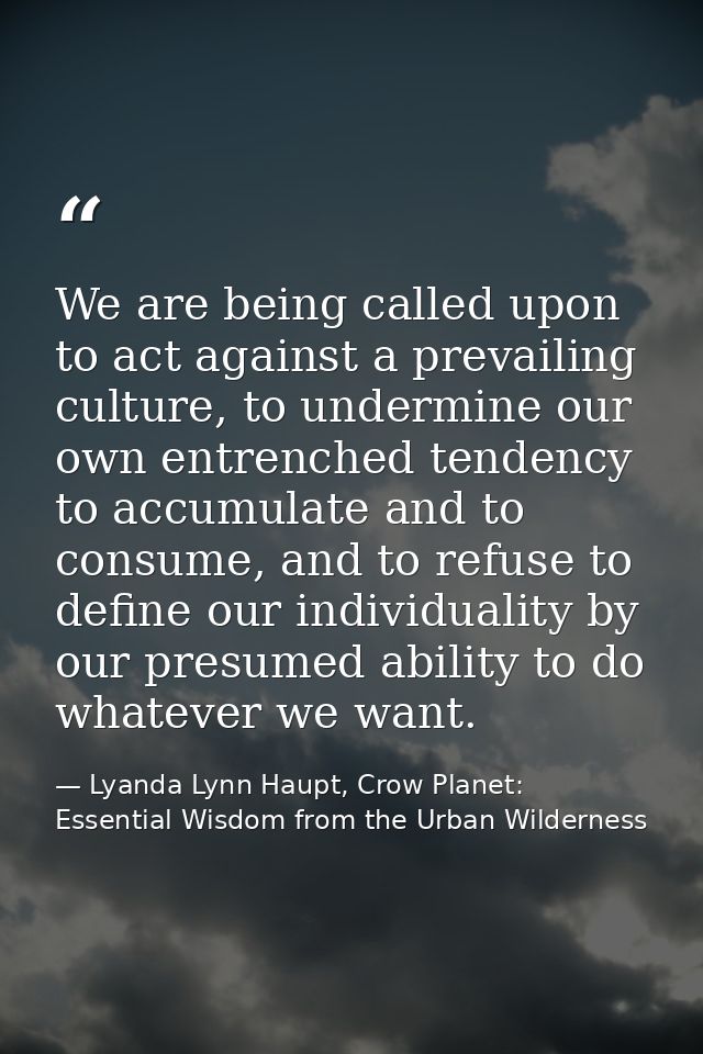 We are being called upon to act against a prevailing culture, to undermine our own entrenched tendency to accumulate and — Lyanda Lynn Haupt, Crow Planet: Essential Wisdom from the Urban Wilderness