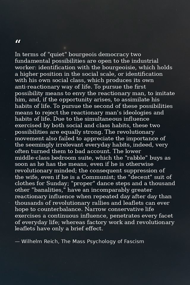 In terms of "quiet" bourgeois democracy two fundamental possibilities are open to the industrial worker: identification  — Wilhelm Reich, The Mass Psychology of Fascism
