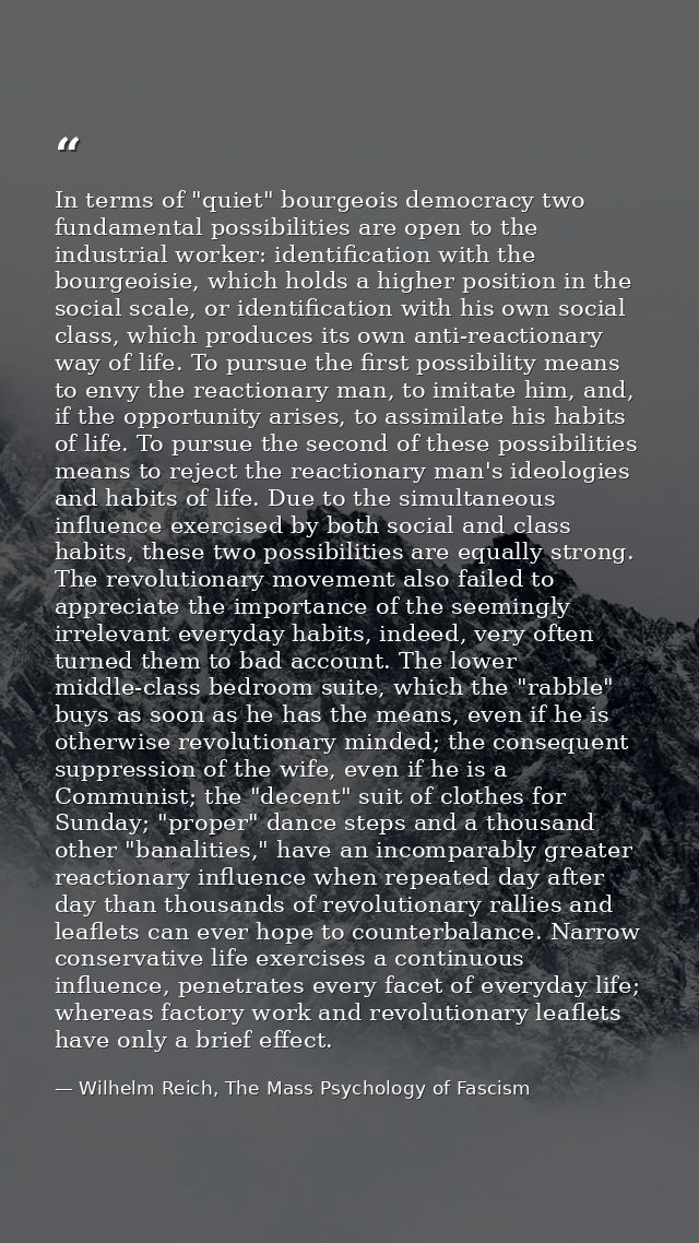 In terms of "quiet" bourgeois democracy two fundamental possibilities are open to the industrial worker: identification  — Wilhelm Reich, The Mass Psychology of Fascism