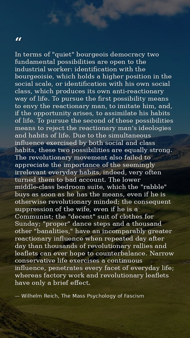 In terms of "quiet" bourgeois democracy two fundamental possibilities are open to the industrial worker: identification  — Wilhelm Reich, The Mass Psychology of Fascism