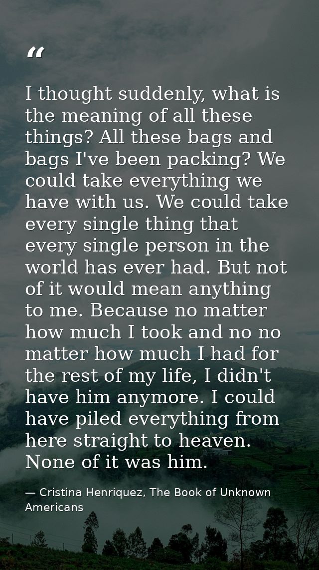 I thought suddenly, what is the meaning of all these things? All these bags and bags I've been packing? We could take ev — Cristina Henriquez, The Book of Unknown Americans