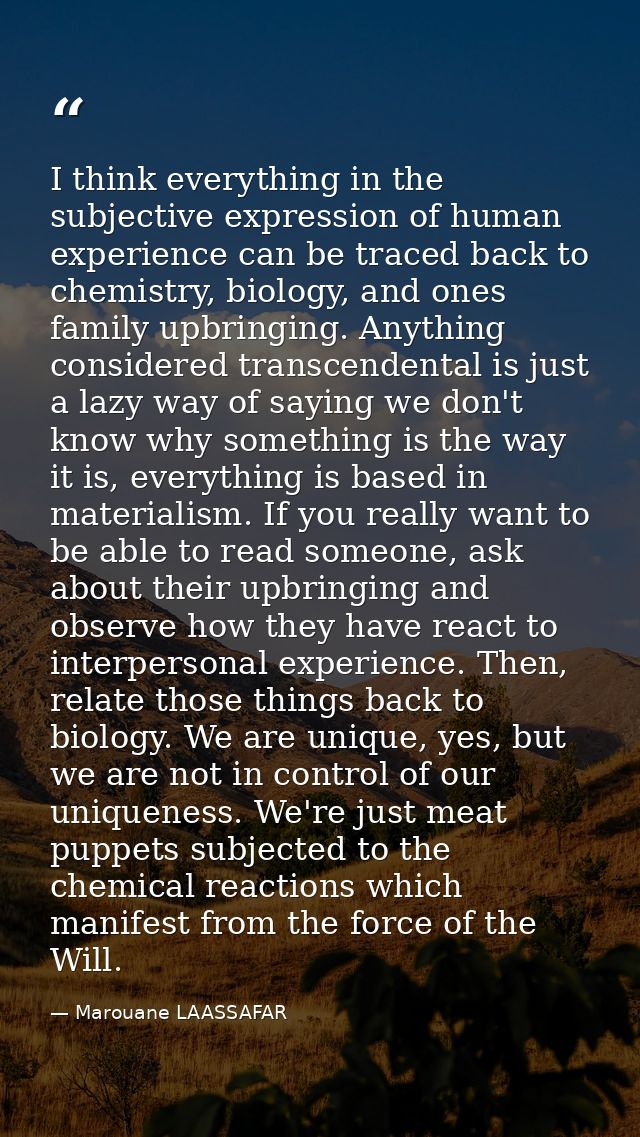 I think everything in the subjective expression of human experience can be traced back to chemistry, biology, and ones f — Marouane LAASSAFAR